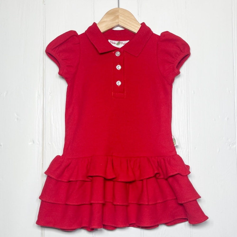 POSH PICKLE EUC Red Bubble Sleeve Ruffle Polo Dress